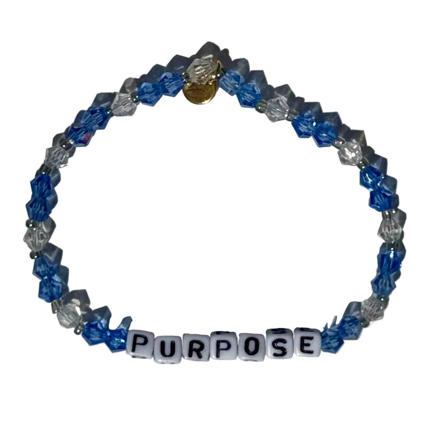 Bracelet with blue, silver, and gold beads spelling 'PURPOSE' on a white background