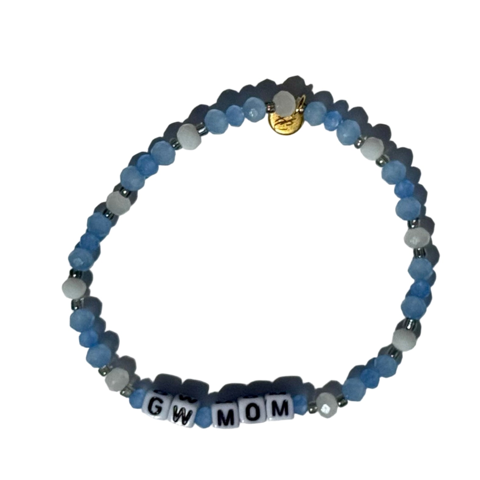 Beaded bracelet with 'GW MOM' letters on a white background