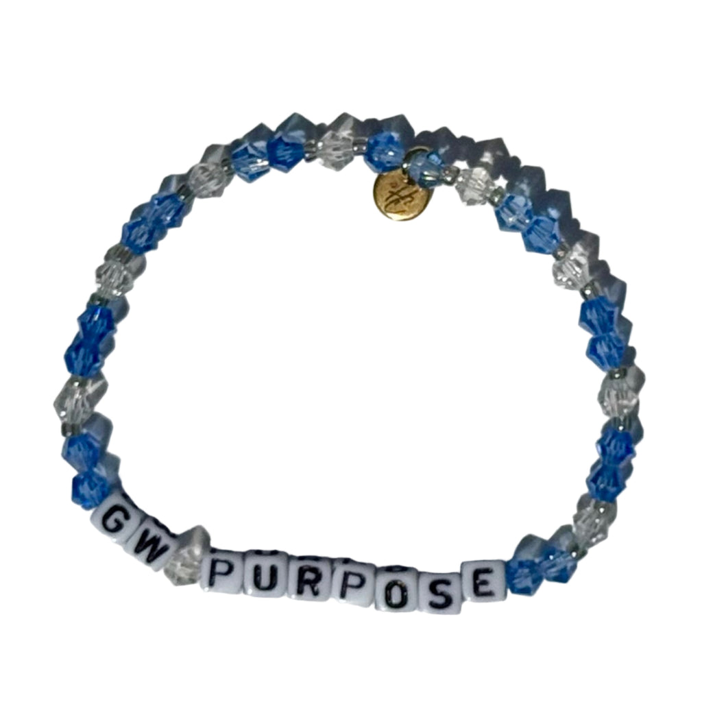 Bracelet with blue, silver, and black beads and 'GW PURPOSE' letters on a white background
