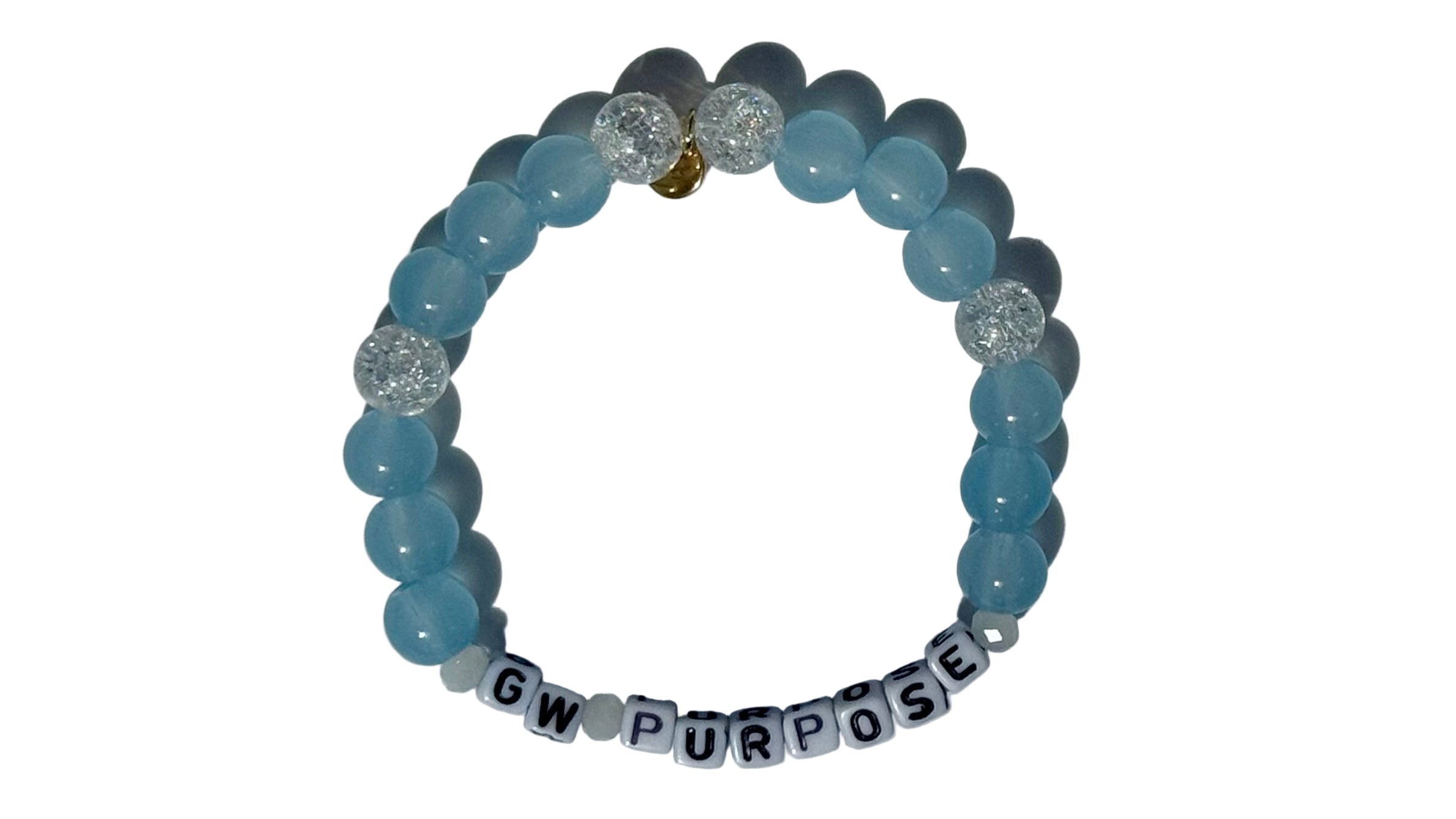 Bracelet with blue beads and 'GW PURPOSE' on a white background