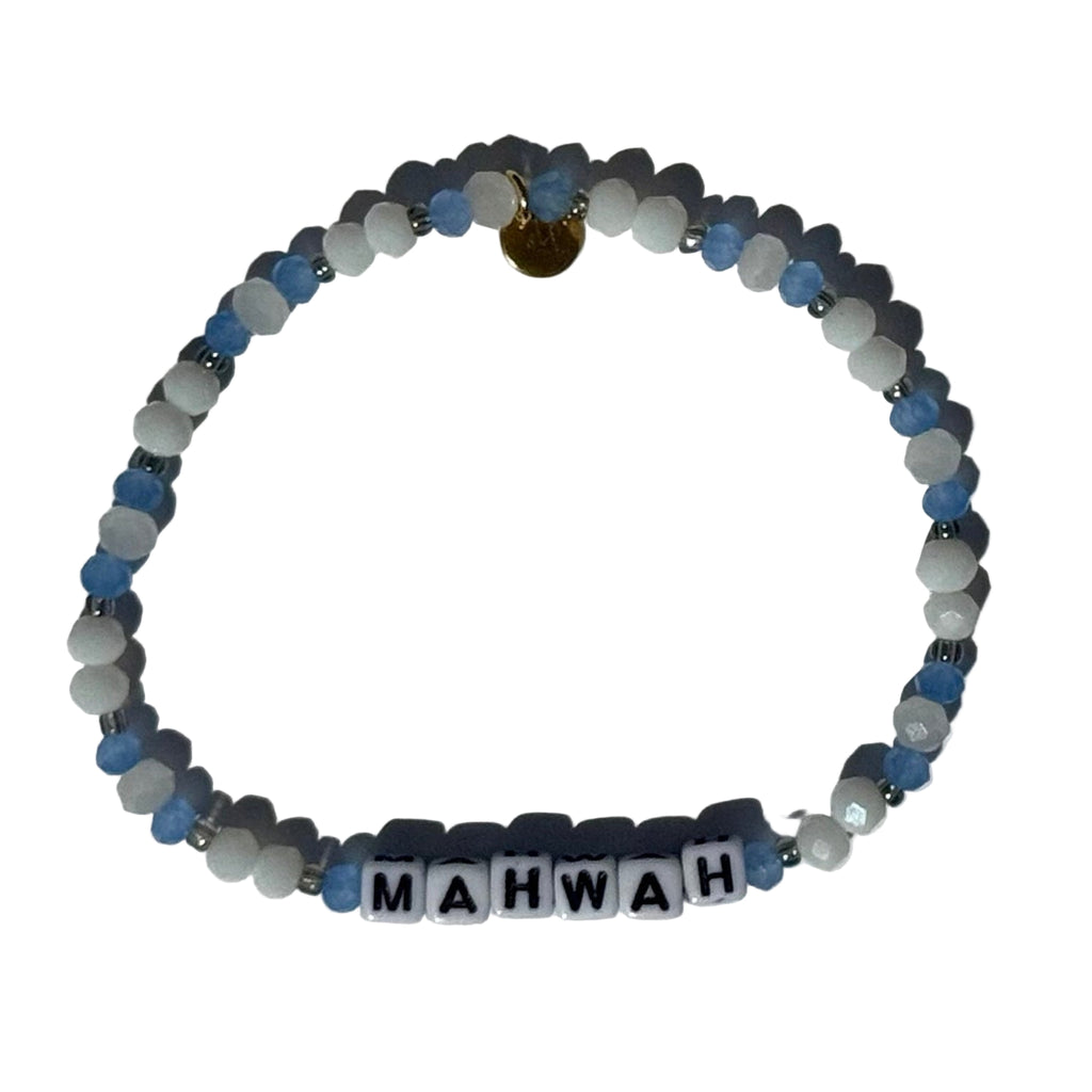 Beaded bracelet with 'MAHWAH' beads on a white background