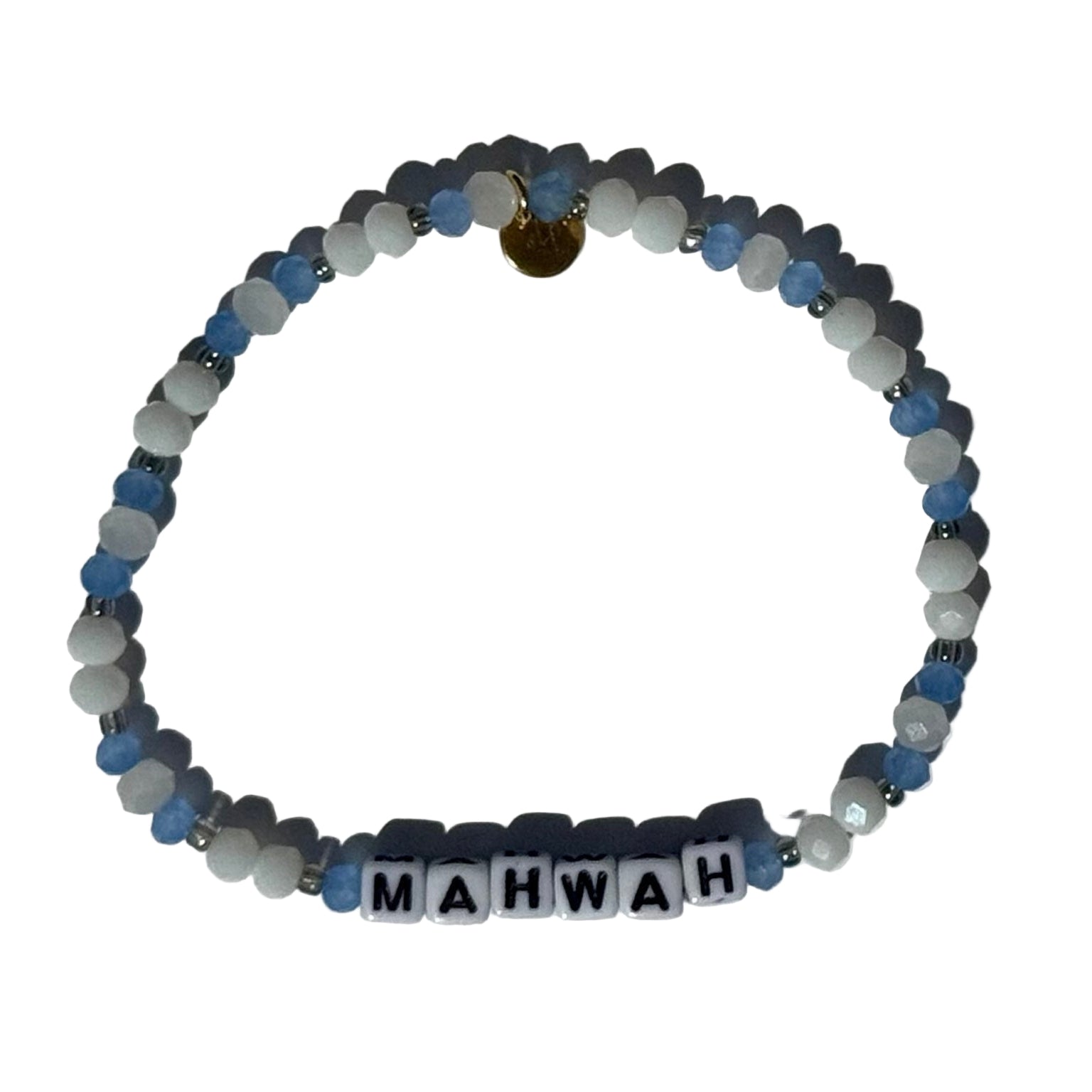 Beaded bracelet with 'MAHWAH' beads on a white background